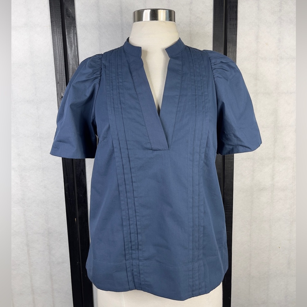 Maeve Blue Boxy Blouse with Mandarin Collar and Short Sleeves XS